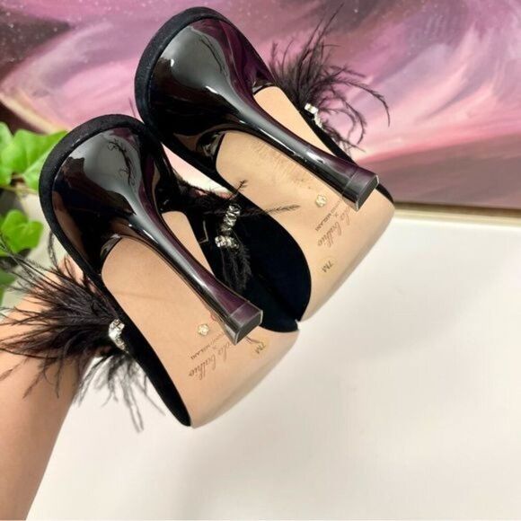 Antonio Melani x Nicola Bathie Liz Ostrich Feathers Rhinestone Suede Dress Mules - Picture 10 of 14
